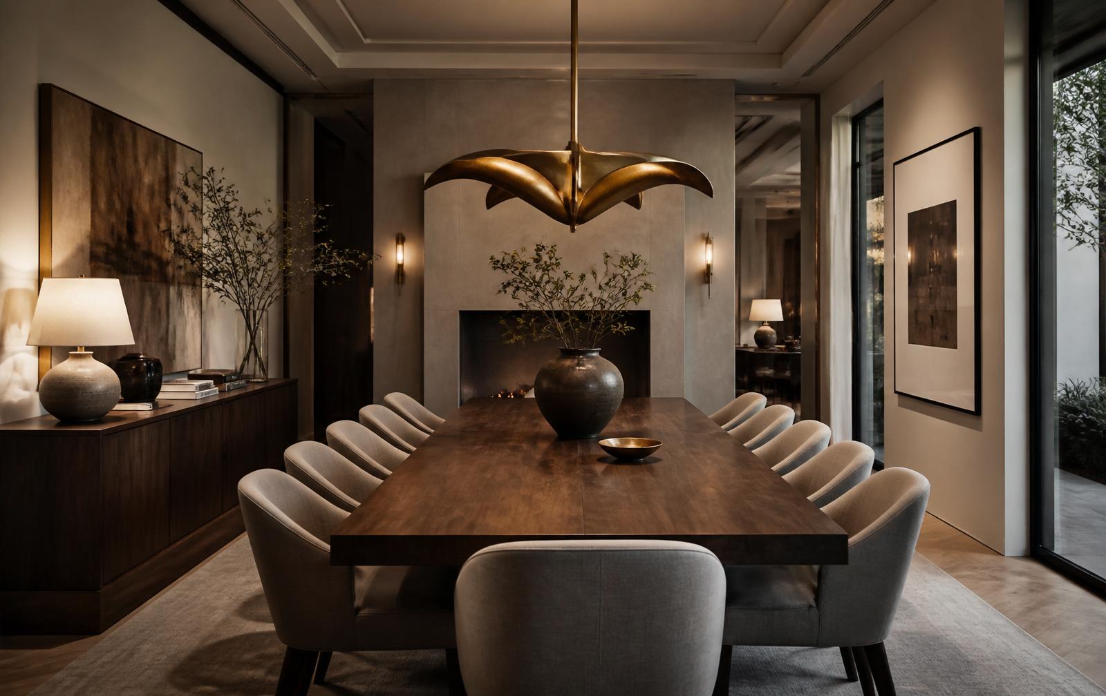 Elegant dining room with brass pendant